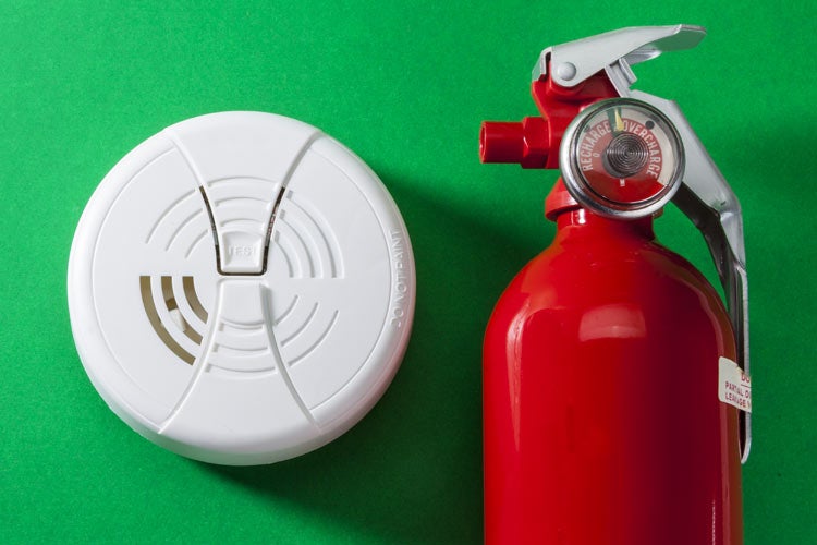 Fire extinguisher, smoke detector and carbon monoxide alarm.