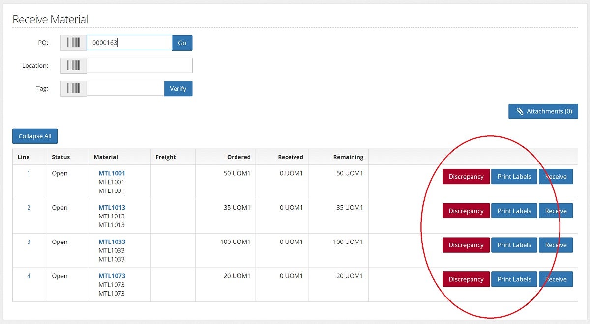  A discrepancy button and print labels button have been added to finished goods receiving in the Inventory Module. These allow you to print labels for all items being received and adjust amounts as needed.