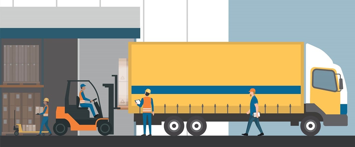 Graphic of workers loading a truck with packed goods at a warehouse using a forklift truck, meant to illustrate an example of a control point in a manufacturing process.