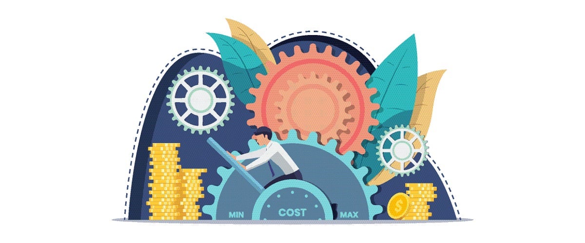 A graphic of a businessman moving a lever on a cost-minimizing cog, representing manufacturers' cost-minimizing myth that minimizing unit cost is the key to maximizing ROI.