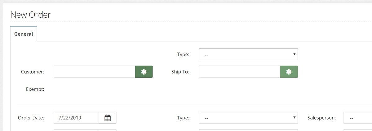  When entering an order, you can now create and attach new customers, ship to locations, and ship to warehouse locations directly from the order entry form by selecting the green button next to the field. After creating, you can then view the new customer, ship to, and/or ship to warehouse by selecting the same button.