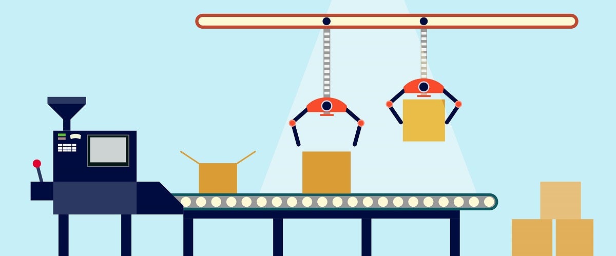 An illustration of a conveyor belt, which is used in the article as a metaphor for the growing complexities of the manufacturing industry.