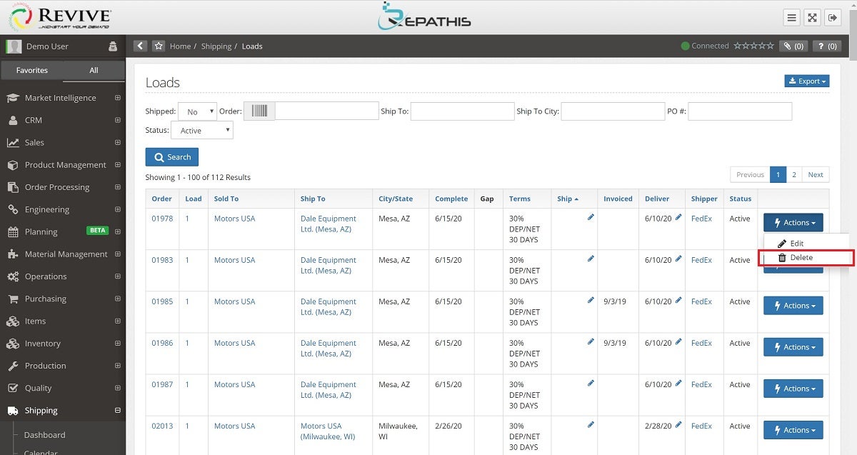  Loads can now be deleted from the load list within the Shipping Module. Click on the “Actions” button next to the load and select “Delete” from the drop-down list. 