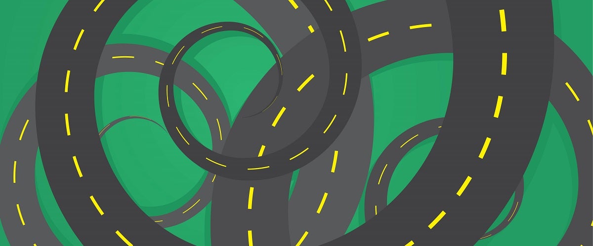 Multiple spiraling roads overlap in an illustrated image meant to represent the manufacturing rule spiral.