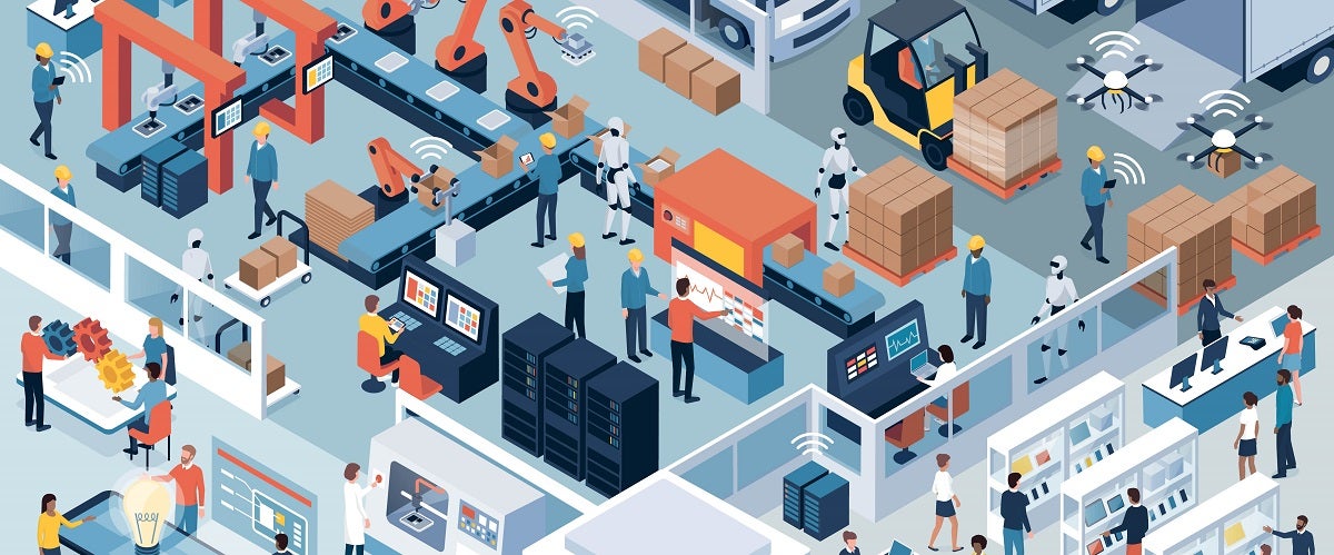 Graphic of a busy manufacturing production floor, distribution, technology, and people all working together - a metaphor for flow in manufacturing.