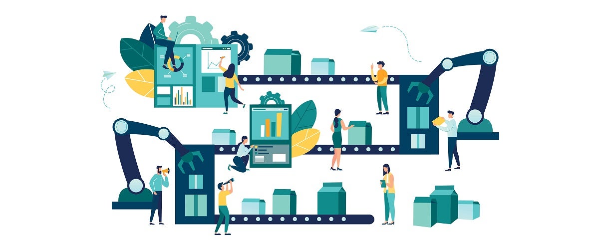 Graphic of a manufacturing assembly line representing a manufacturing system's flow being impacted by variability.