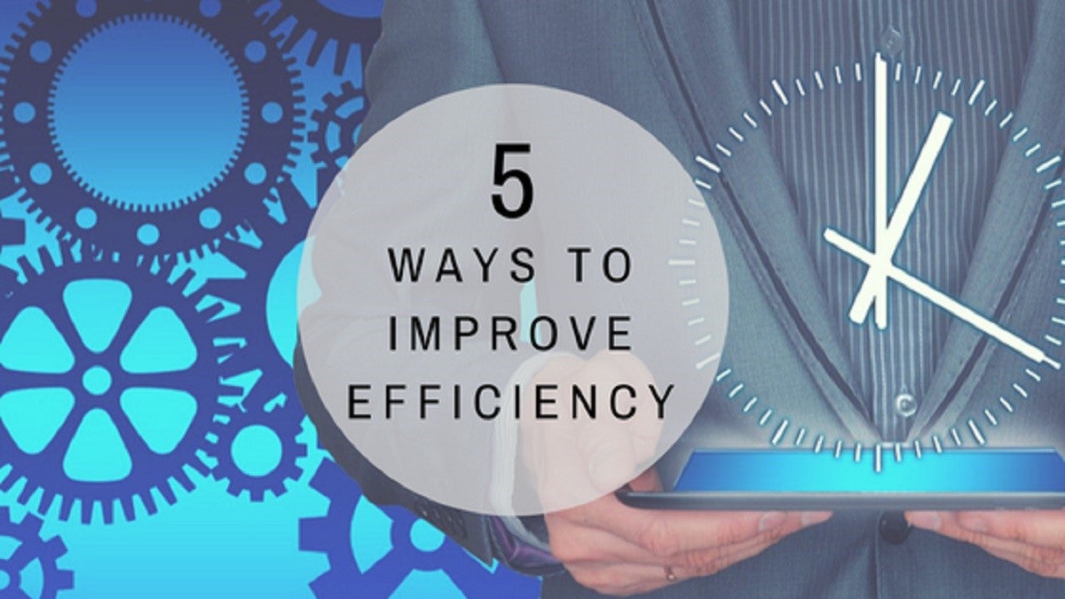 Graphics showing cogs in a machine and a clock, with the words "5 Ways to Improve Efficiency"