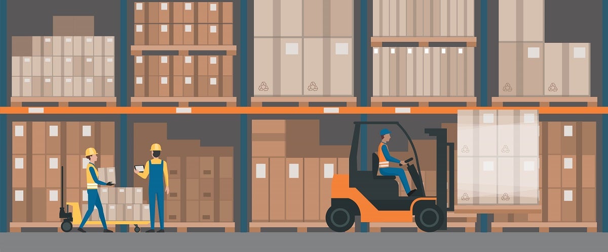 Illustration of a warehouse interior with goods, pallet trucks and industrial workers, meant to represent decoupling points.