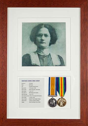 Constance Emma Lindsay was a nurse station for the majority of her time in Salonika, Greece. Connie was one of seven children of James and Caroline Lindsay. Her father was a farmer and also a member of the Maroochy Shire Council. Connie returned to Australia in May 1919, and married Godfrey Francis McRae in Buderim and they had six children.