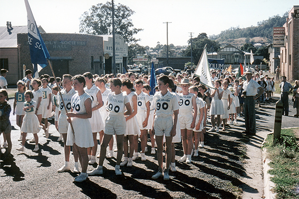 Cooloolabin School sports team in Nambour for the district schools' sports carnival, late 1950s.
