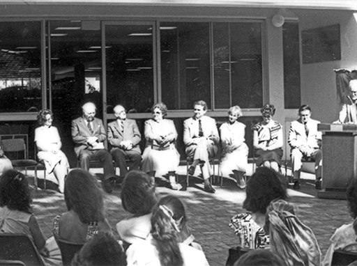 Public Library of Queensland, State Librarian Lawrie Ryan addresses the official party and guests at the opening of Landsborough Shire's Caloundra Library, 1986.