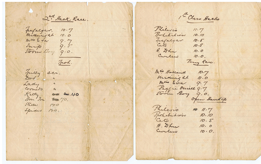 Horse racing was one of the earliest organised sports in Queensland (1843). Horses were the main means of transport for economic, military and recreational purposes, so the government took racing seriously – viewing it not only as a sport but a means to improve breeding. This handwritten document shows betting odds for races.