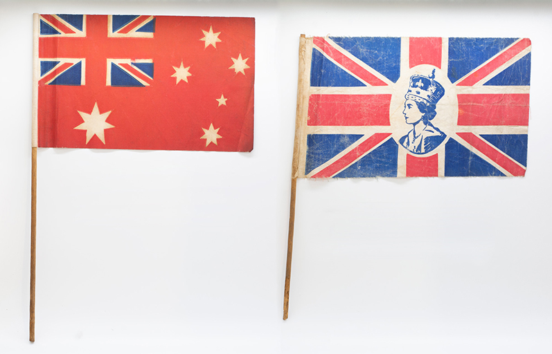 Australian Red Ensign and Union Jack Flags Princess Elizabeth had commenced the journey to Australia for the 1952 Royal Tour when she received the news of her father's passing. It was a further two years later that the Queen made her first tour to Australia in 1954. The Australian Red Ensign and Queen Elizabeth II Union Jack flags were used by the families of Bankfoot during the celebration of the Royal Tour. These types of flags could be seen throughout the country during the royal processions. On display at Bankfoot House Heritage Precinct.