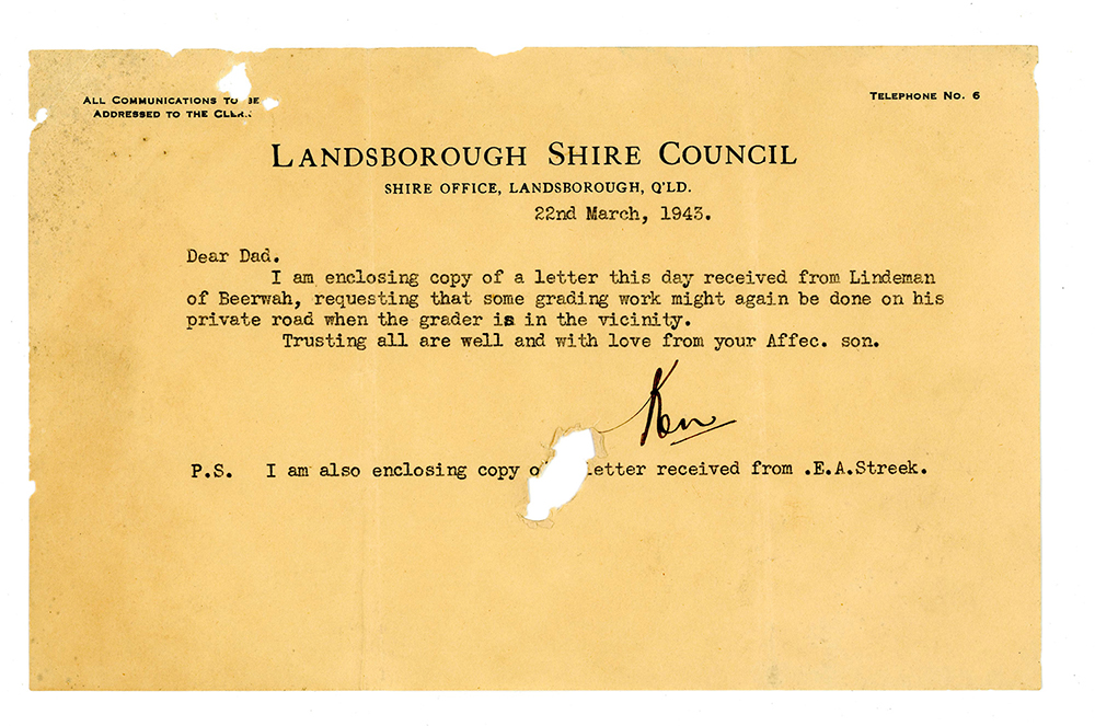 Official council letter from Ken Burgess to WS Burgess in 1943.  Ken was the youngest Burgess son, and was Shire Clerk at the time of writing this letter.