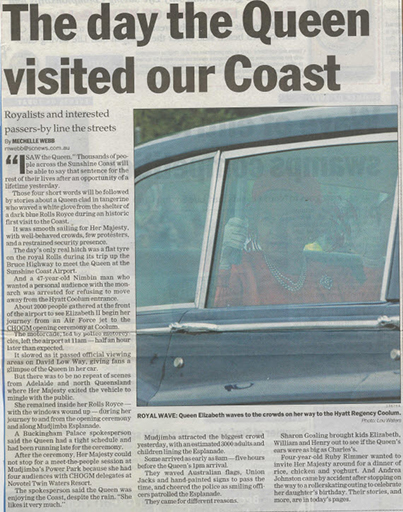 Sunshine Coast Daily article regarding the Queen’s visit to Coolum for CHOGM 2002. Sunshine Coast Heritage Library collection.
