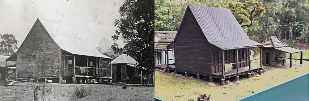 Attention to detail is critical in creating an accurate model. The model replicates this c.1880 photo down to the tree stump in the foreground and the blanket on the verandah railing. Bankfoot House Collection and Timmy’s Miniature & Weathering Works.