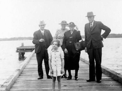 Landsborough Shire Councillor William S. Burgess with family members at Military Jetty, Golden Beach, ca 1940.