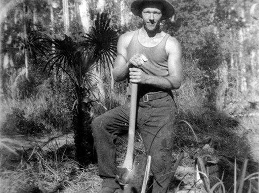 Frank Cunning cutting sleepers on his father's property near Wilsons Road at Tanawha, ca 1935.