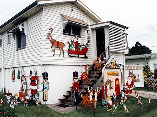 Highset residence decorated as 'Santas workshop' for the Christmas season, Orsova Terrace, Caloundra, ca 2000.