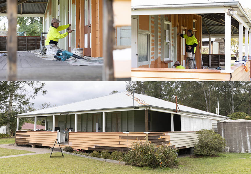With the necessary approvals granted from the Queensland Government’s Department of Environment and Science, reflecting the earliest (1950s) painted colour scheme, painting began in early August 2021. The identified colours of Greendale, Sand, Light Earth, Broken White and Eau De Nil were applied to the exterior of the house.