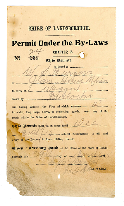 Wagon Permit, 1915.  There are a number of different wagon permits on the spikes.  William held permits for the Landsborough and Caboolture Shires for wagons drawn by Bullocks.