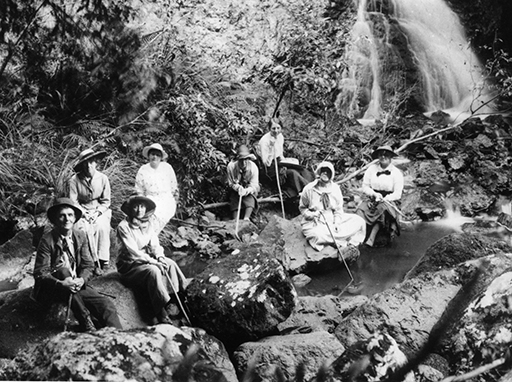 Hikers resting at Bon Accord Falls, Montville, ca 1918.