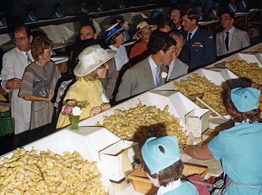  Prince Charles and Princess Diana on a guided tour of the Buderim Ginger Growers Factory, Yandina, April 1983.