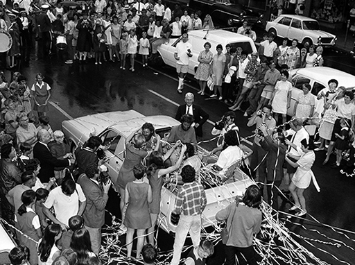 Crew of the La Balsa Expedition welcomed by spectators as they were driven through Currie Street, Nambour, November 6, 1970.