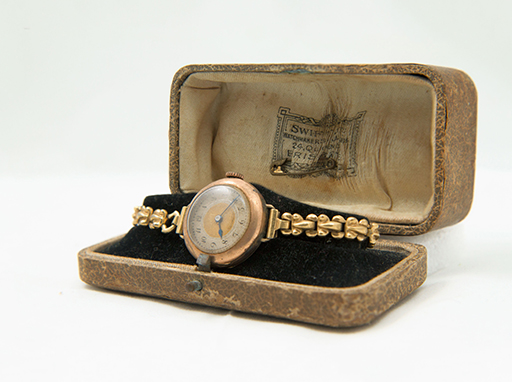 Wristlet Watch and Receipt. A wedding gift to Mary Burgess from her husband Jack Ferris. Receipt of purchase from Swift Limited, Brisbane dated 18 February 1925 – a day before their nuptials.