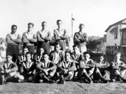 Caloundra Rugby League Team known as the Caloundra Seagulls. The Team formed in 1947 and played their games behind the old Hotel Francis near Shelly Beach. Pictured L – R, front row: Steve Chaplin, Jack Bagley, Bill Nemeth, Joe Benfield, Manuel Comino, Eddy Chilli and Don Grant. Middle row - Bevan Henzell with Coach Tom Green coach. Back row Chris Cullen, Alf Gosper, Keith Cramb, Colin Sawdy and Clive Jones.