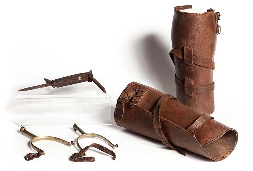 Australian Light Horse army issue items. Spurs: Private Samuel Reid, 1st AIF Australian Light Horse Regiment, Pocket knife and Spats - Landsborough Historical Museum Collection