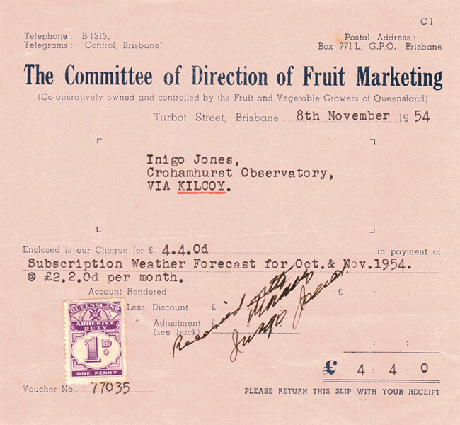 Pay receipt from The Committee of Direction of Fruit Marketing 1954 to Inigo Jones for weather forecasting - Peachester History Committee Inc.