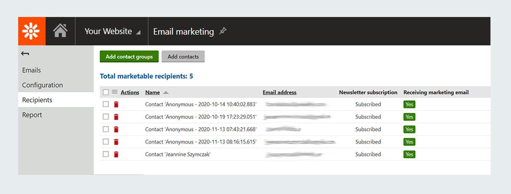 Kentico Email Marketing screen