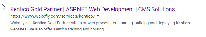 Wakefly Kentico page metadescription example in Google search results