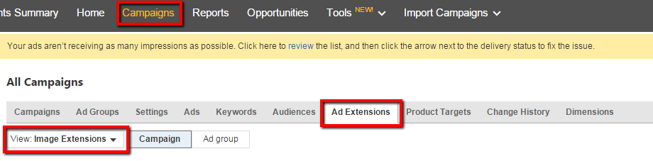 Set Up Bing Image Ad Extensions Step One