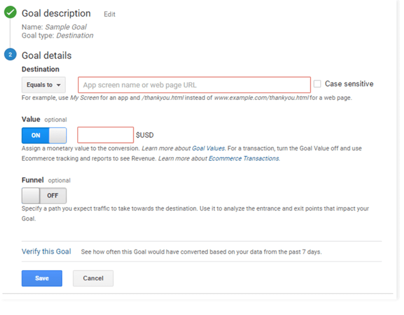 Google Analytics Goal Description - goal values