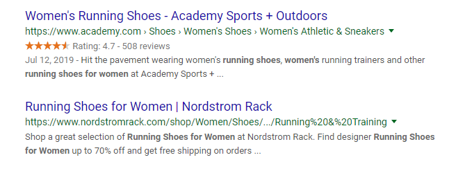 example from search result using rich snippets that shows women's running shoes with reviews and ratings