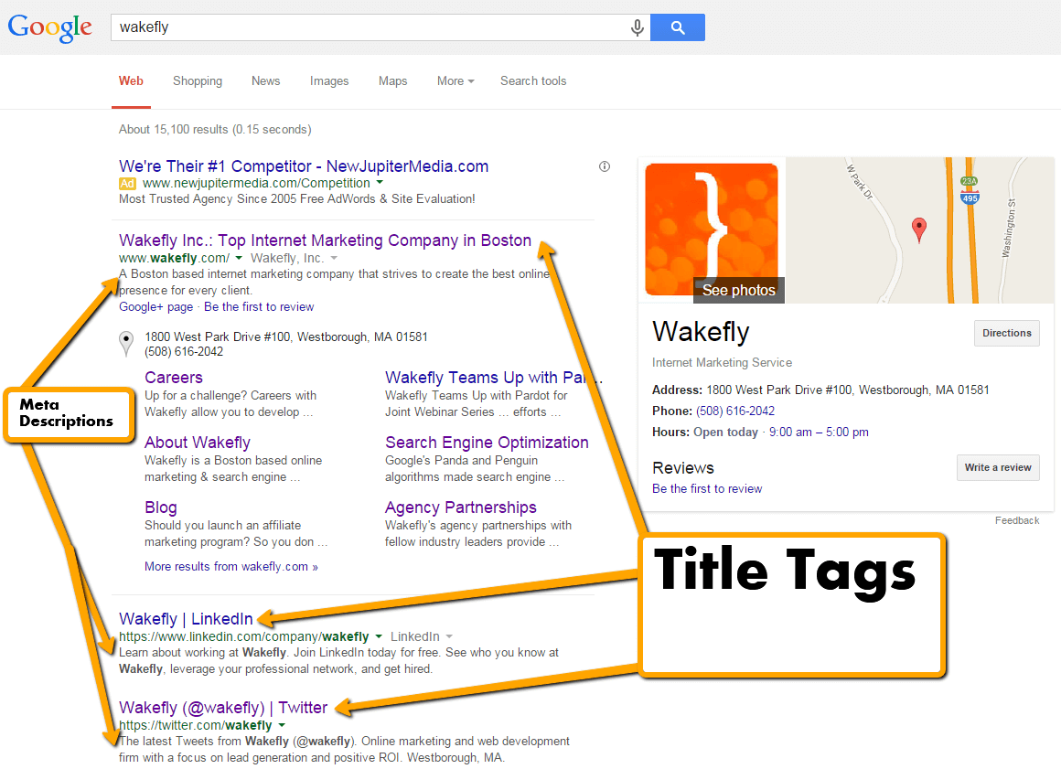 Search Engine Result Page with arrows pointing to Title Tags and Meta Descriptions