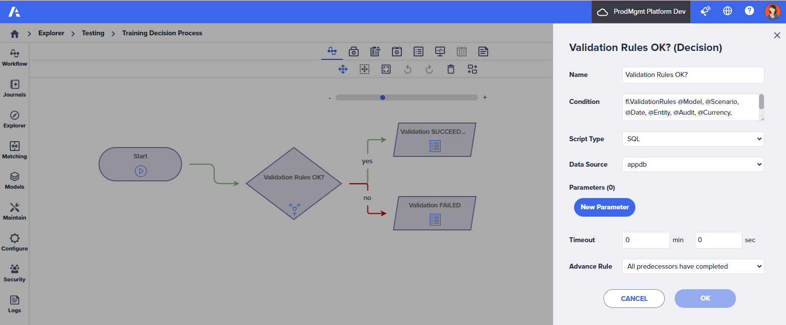 Decision task runs a stored procedure to check if validation rules defined in the system have passed or failed.