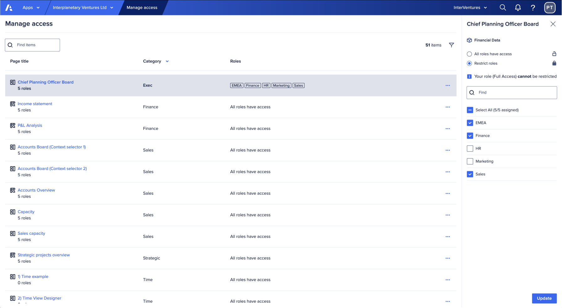 the Manage access screen displays a list of available pages in an app. On the right-hand side, the current role assignments for the selected page display in a panel.