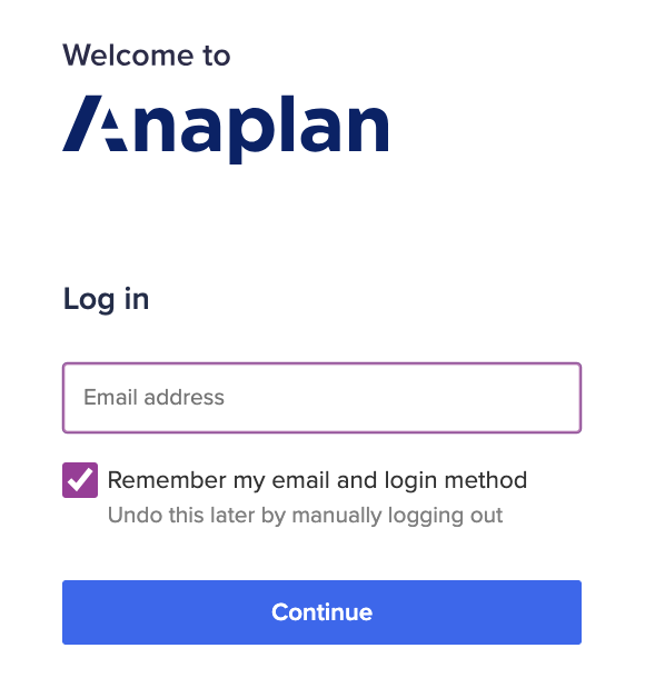 The login screen where you enter your Anaplan account email address.