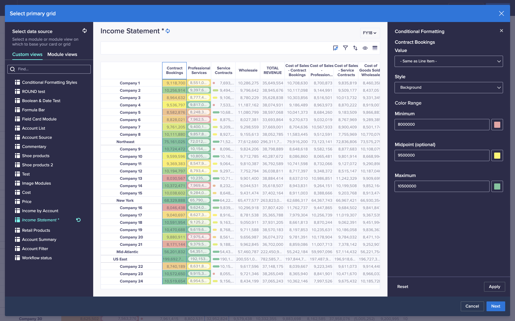 Conditional formatting has been applied to three line items: Contract Bookings, Professional Services, and Service Contracts. The line items display in the first three columns.