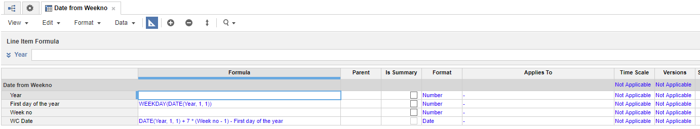 A module displays in blueprint mode. This module contains line items with dedicated formulas to calculate a week start date based on a week number.