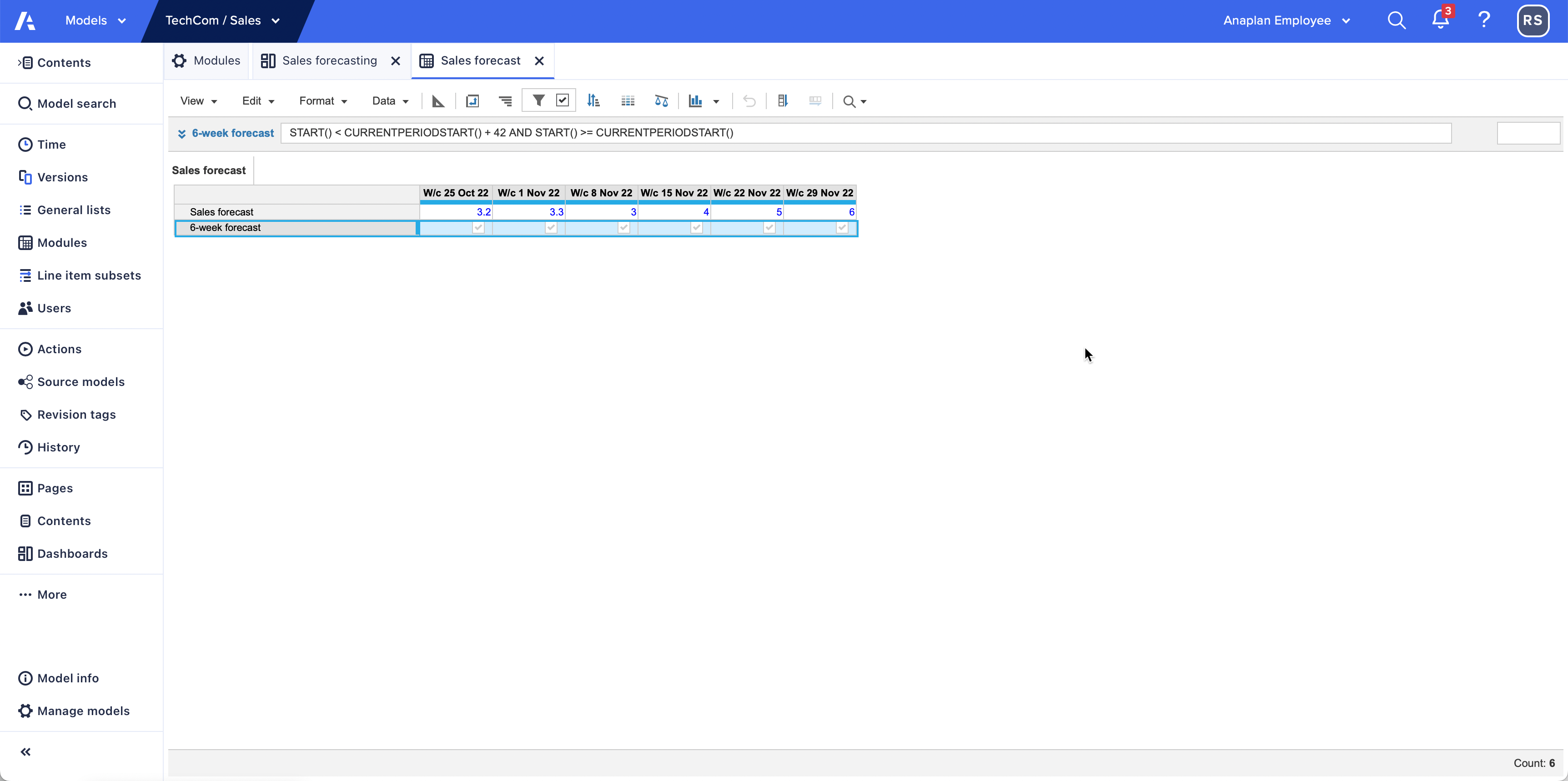 A Sales forecast module with the 6-week forecast line item selected. The formula displays in the formula bar and only six time periods display in the grid.