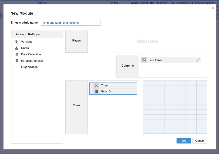 The setup for a time and item-level Insights module with dimensions.