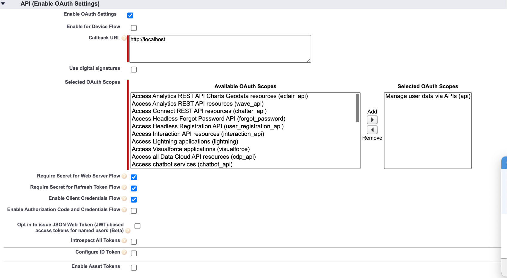 Salesforce プラットフォームで OAuth 設定を有効化するためのダイアログ。