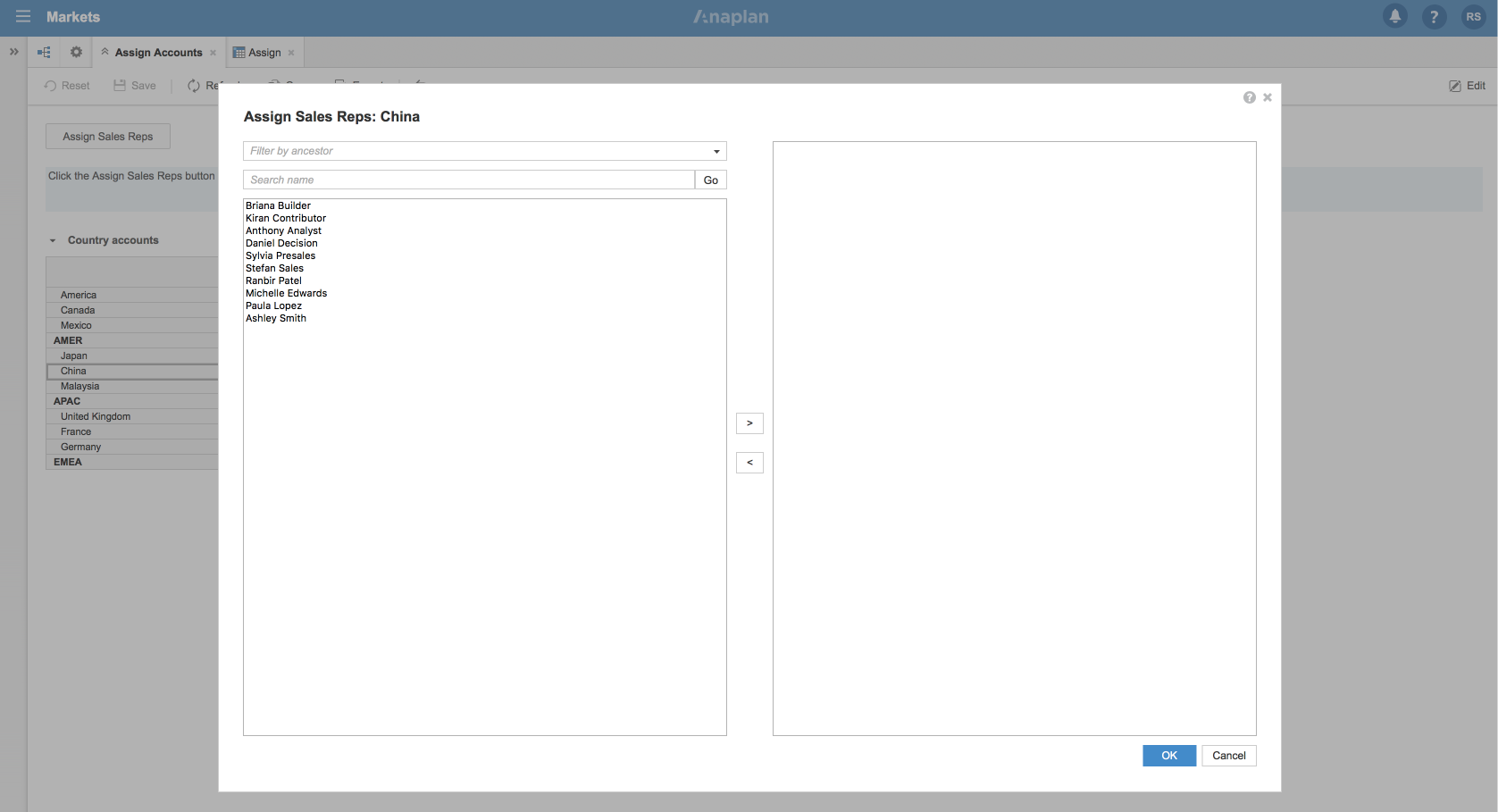 The Assign Sales Rep dialog displays, with China in the header.