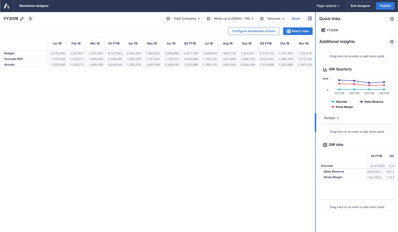 A worksheet open in Worksheet designer. The left-hand edge of the Insights panel is blue, with a thicker bar halfway down.