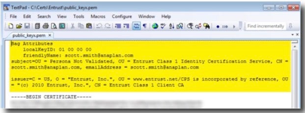 An example of the certificate string when editing the "Public Certificate.pem" file for API use.