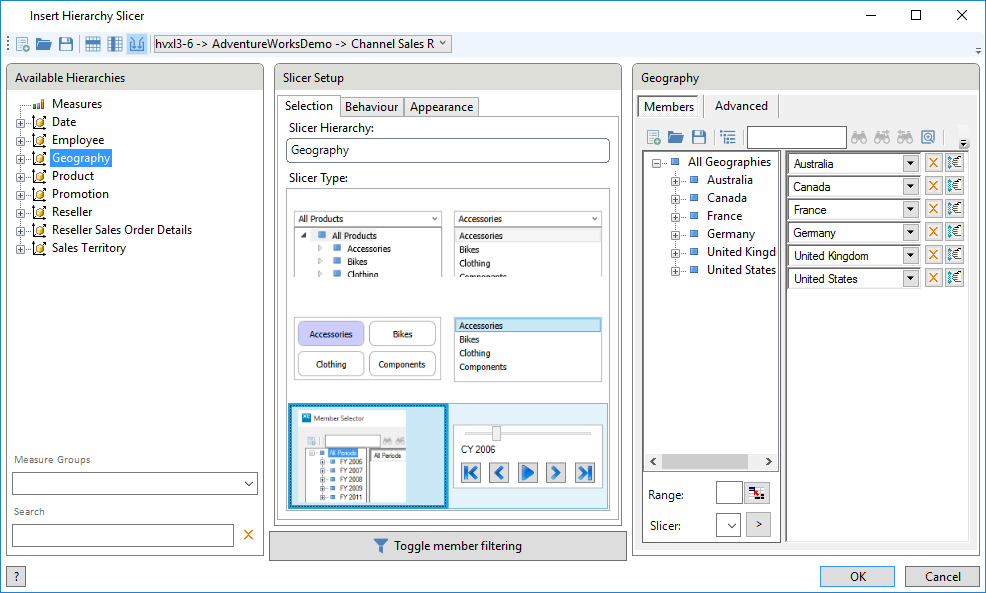 The Insert Hierarchy Slicer with the setup and geography displayed.